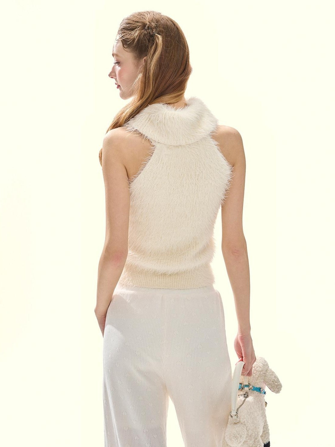 Girly Fancy Club Cream 3d Dog Face Knit High Neck Cut Shoulder Women's Viscose Blend Halter Tops
