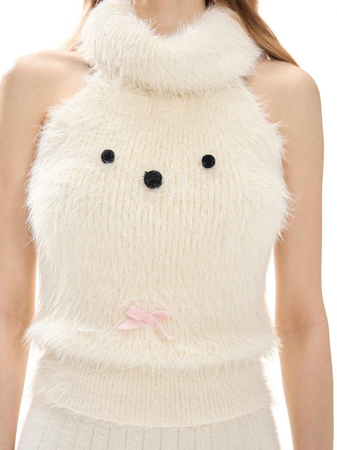 Girly Fancy Club Cream 3d Dog Face Knit High Neck Cut Shoulder Women's Viscose Blend Halter Tops