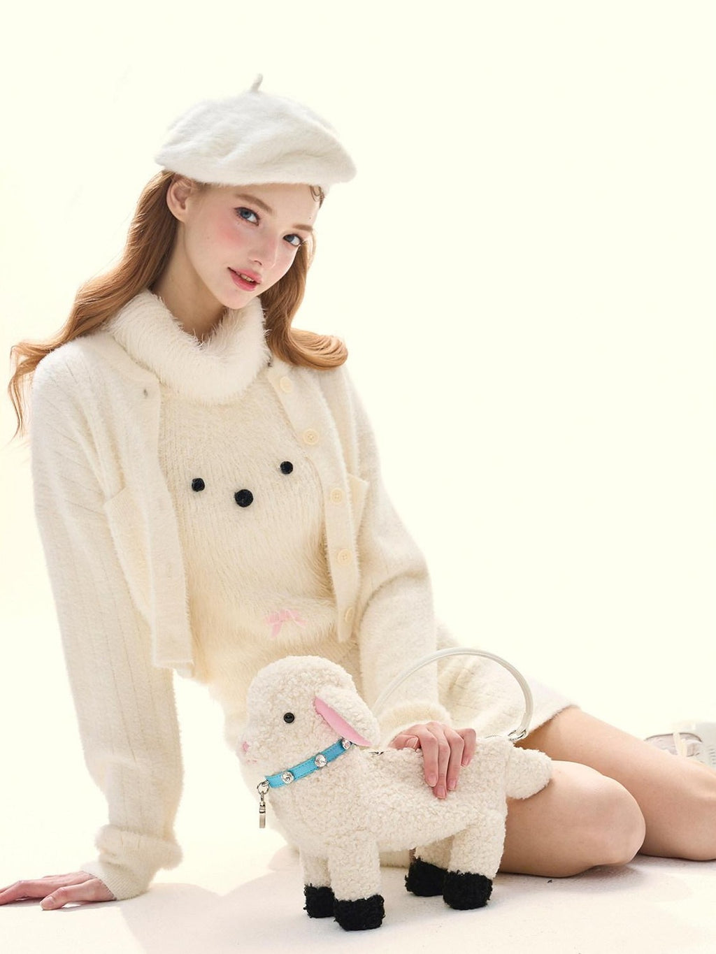 Girly Fancy Club Cream 3d Dog Face Knit High Neck Cut Shoulder Women's Viscose Blend Halter Tops