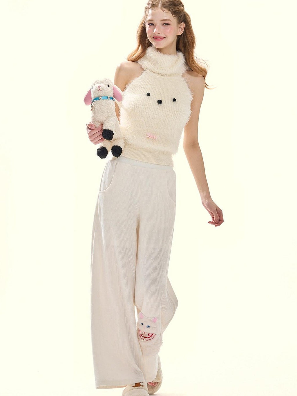 Girly Fancy Club Cream 3d Dog Face Knit High Neck Cut Shoulder Women's Viscose Blend Halter Tops