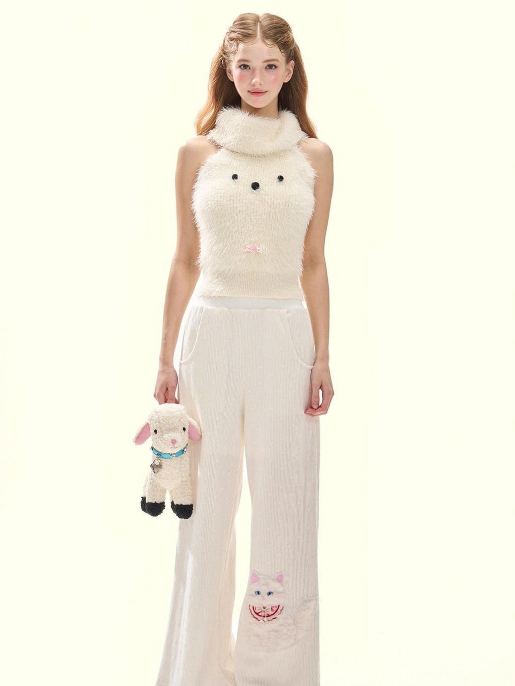 Girly Fancy Club Cream 3d Dog Face Knit High Neck Cut Shoulder Women's Viscose Blend Halter Tops