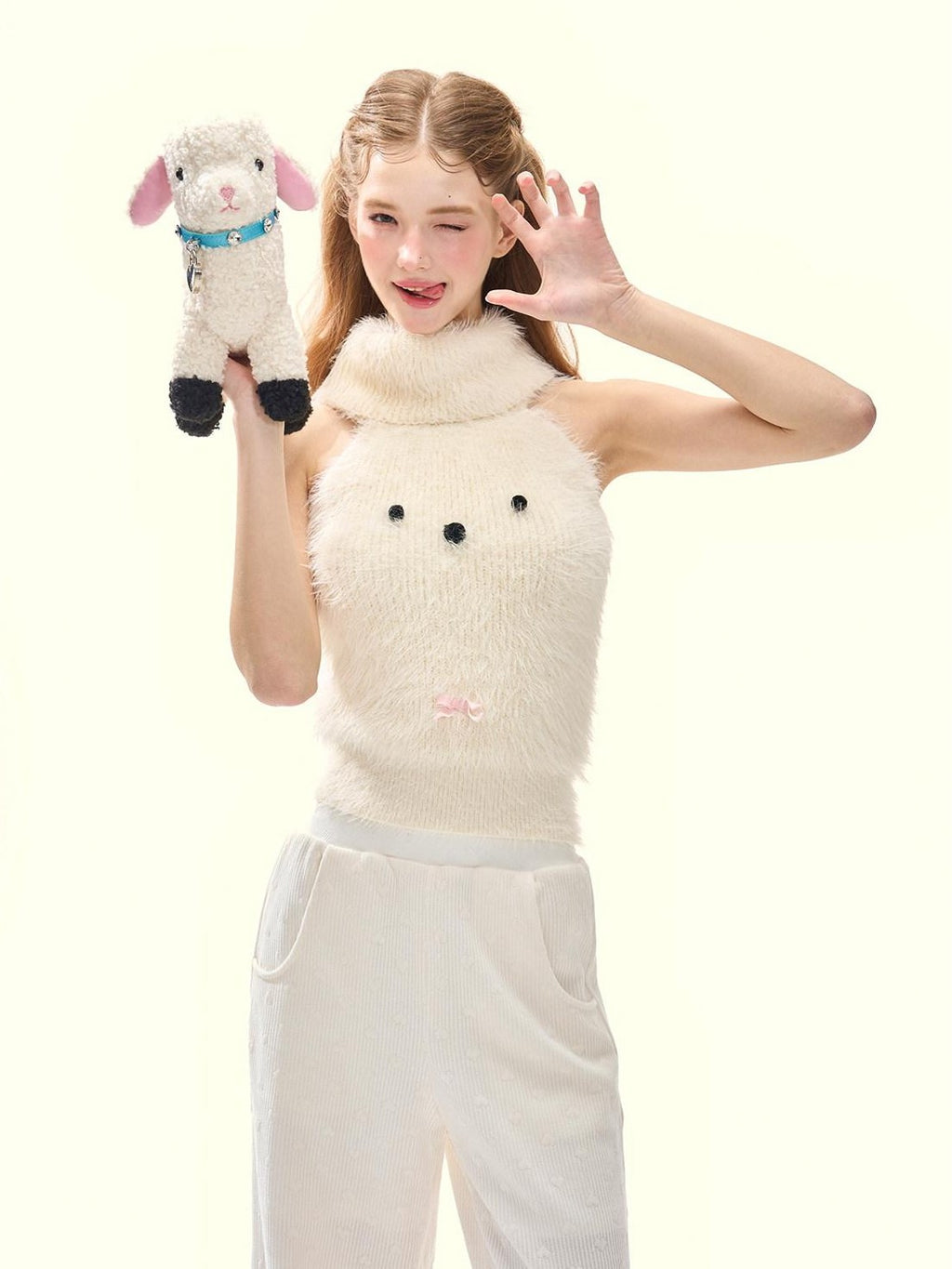 Girly Fancy Club Cream 3d Dog Face Knit High Neck Cut Shoulder Women's Viscose Blend Halter Tops
