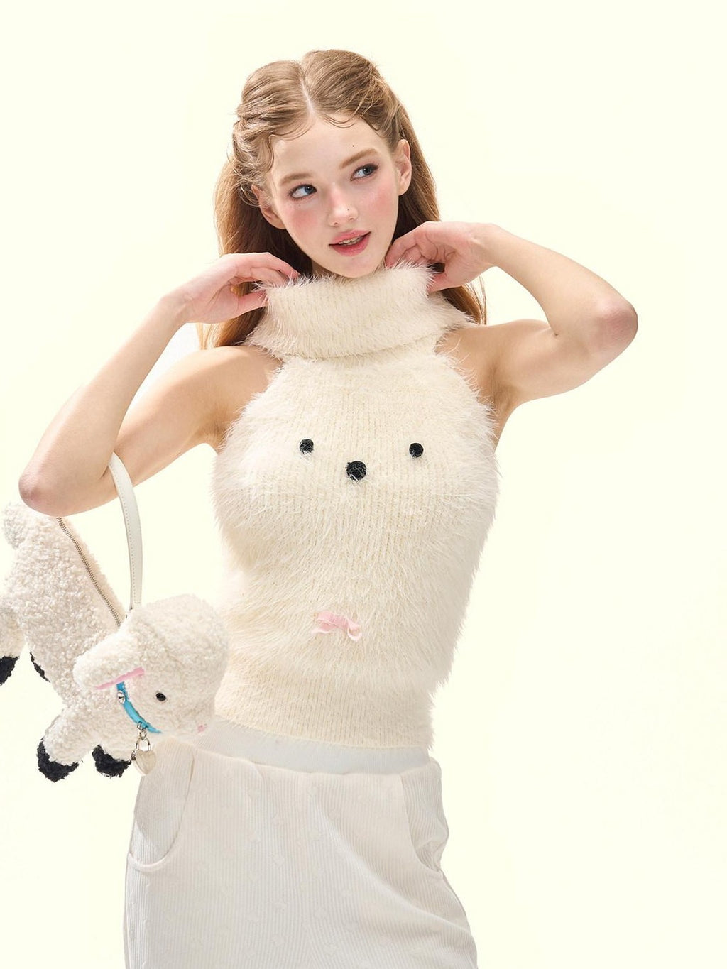Girly Fancy Club Cream 3d Dog Face Knit High Neck Cut Shoulder Women's Viscose Blend Halter Tops