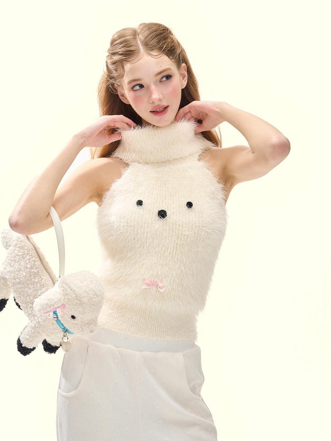 Girly Fancy Club Cream 3d Dog Face Knit High Neck Cut Shoulder Women's Viscose Blend Halter Tops