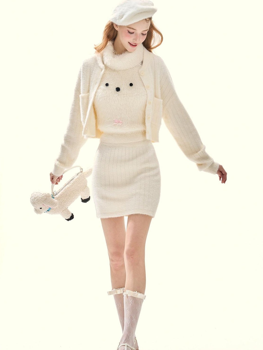 Girly Fancy Club Cream 3d Dog Face Knit High Neck Cut Shoulder Women's Viscose Blend Halter Tops
