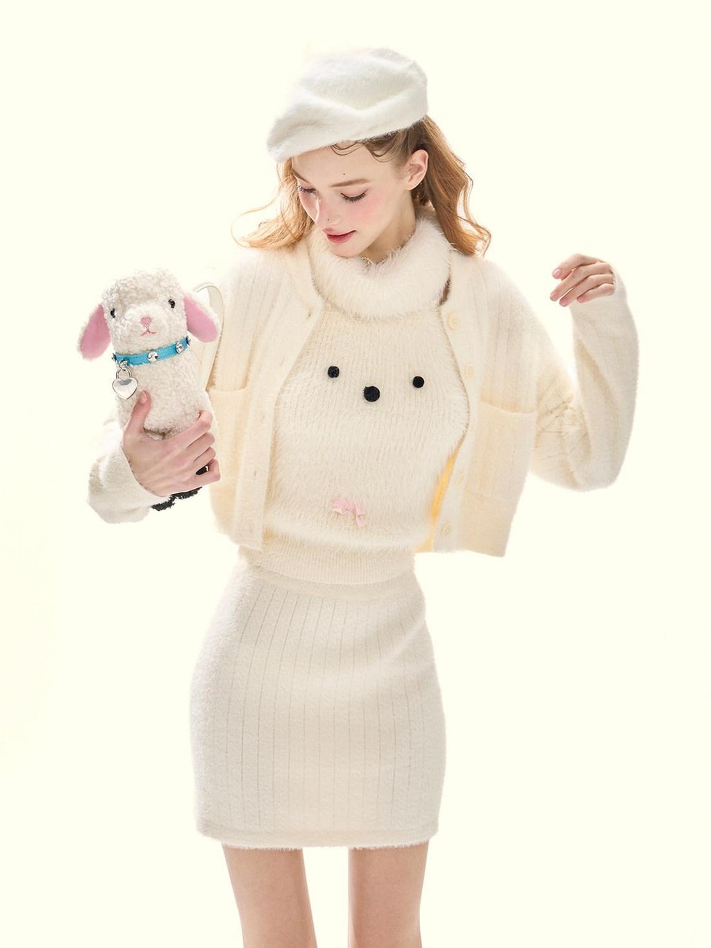 Girly Fancy Club Cream 3d Dog Face Knit High Neck Cut Shoulder Women's Viscose Blend Halter Tops