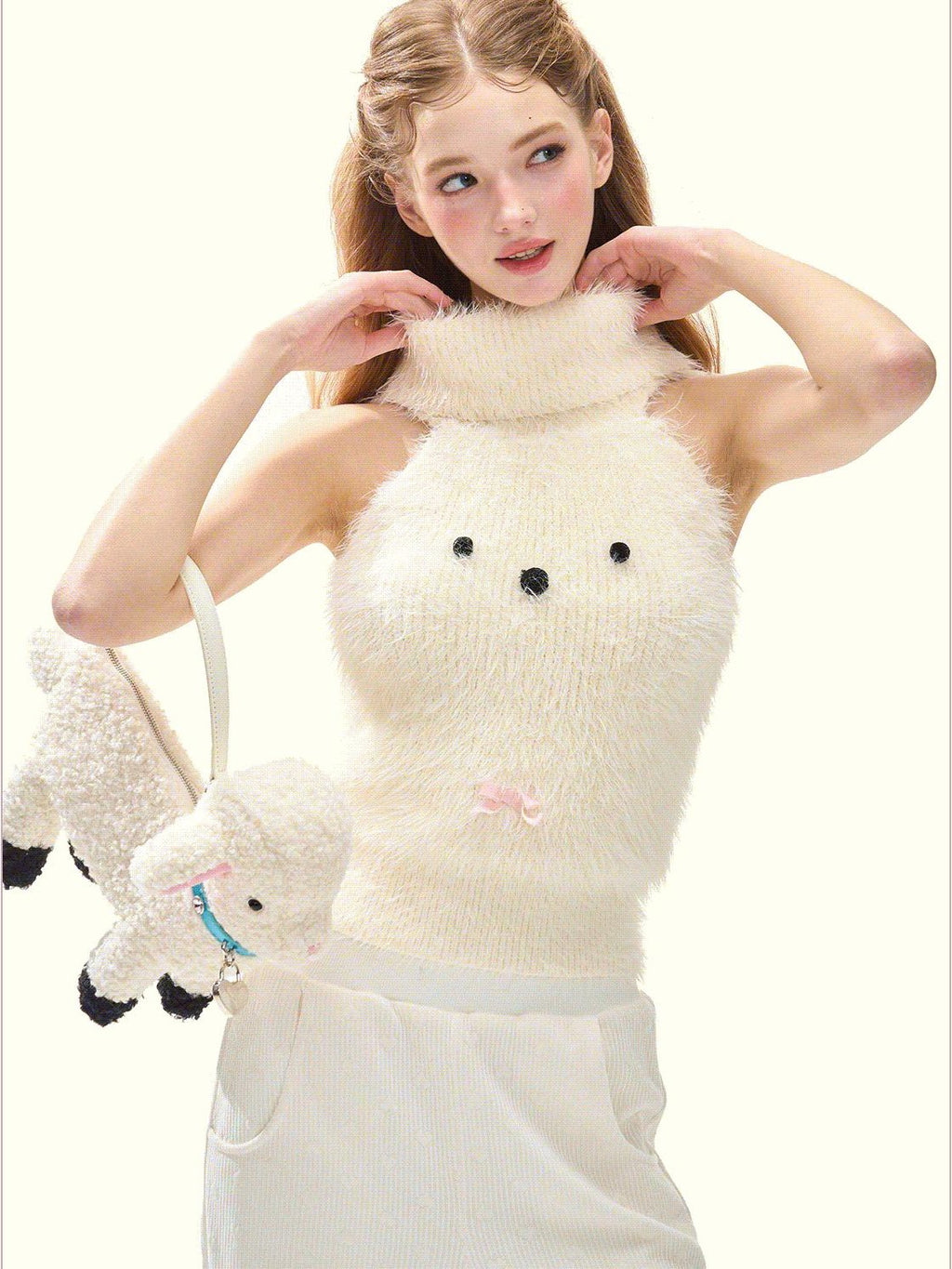 Girly Fancy Club Cream 3d Dog Face Knit High Neck Cut Shoulder Women's Viscose Blend Halter Tops