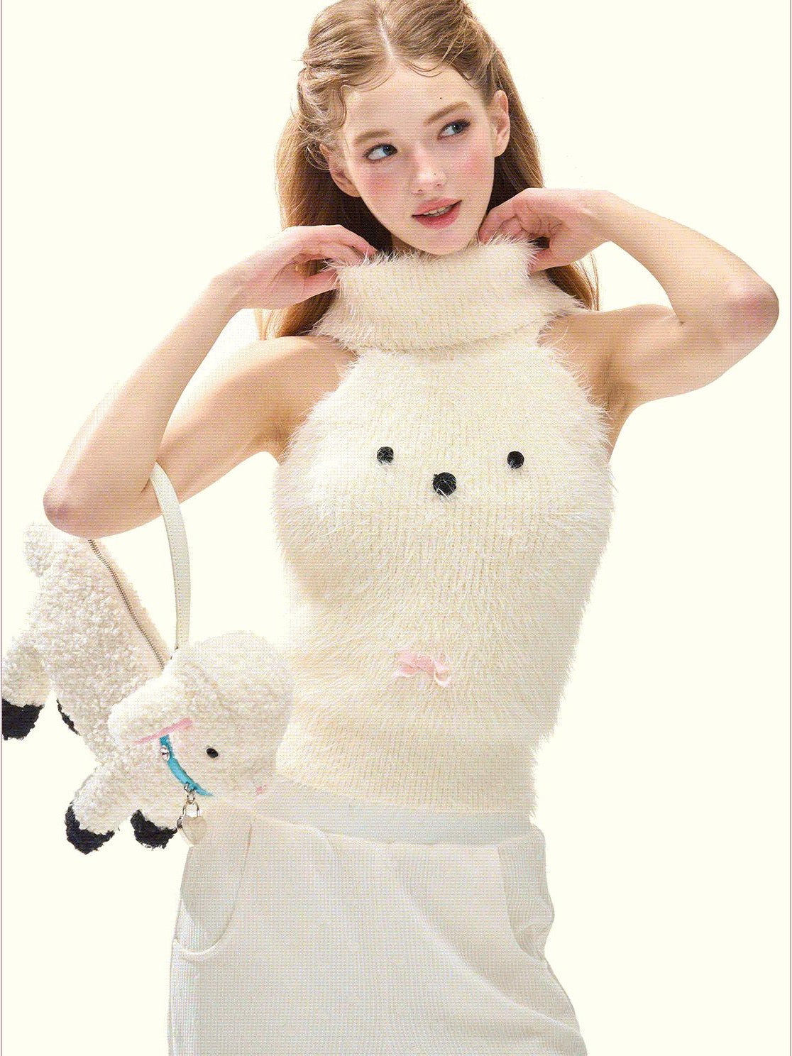 Girly Fancy Club Cream 3d Dog Face Knit High Neck Cut Shoulder Women's Viscose Blend Halter Tops