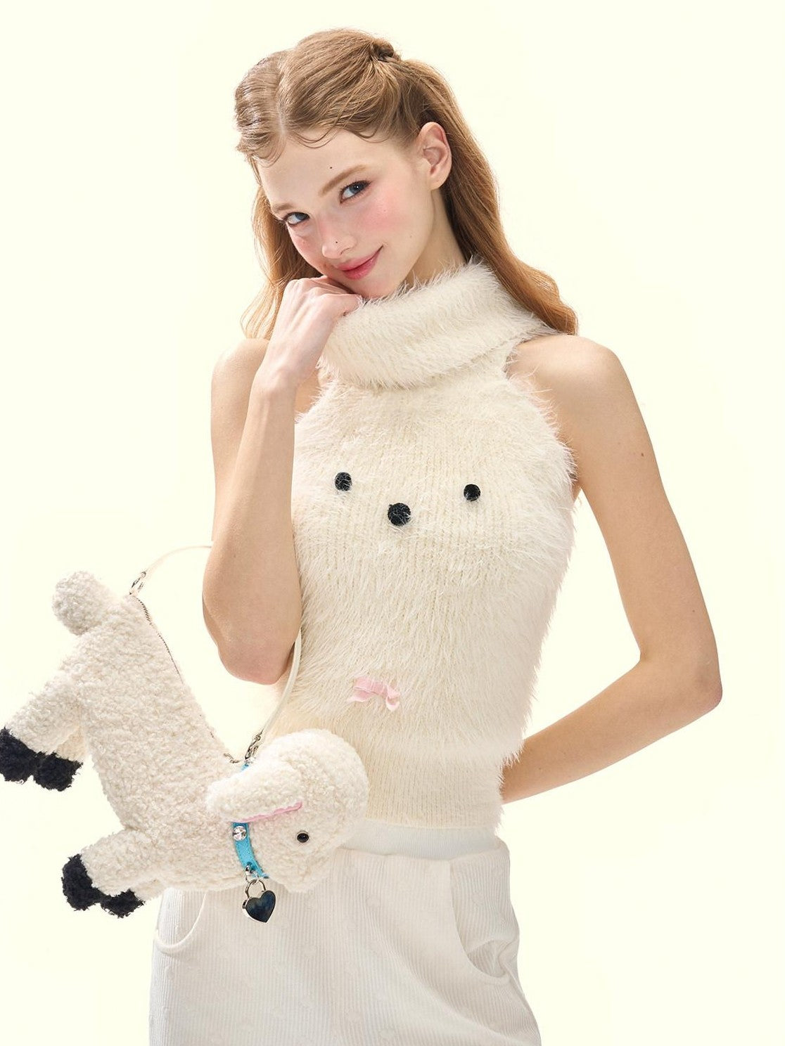 Girly Fancy Club Cream 3d Dog Face Knit High Neck Cut Shoulder Women's Viscose Blend Halter Tops