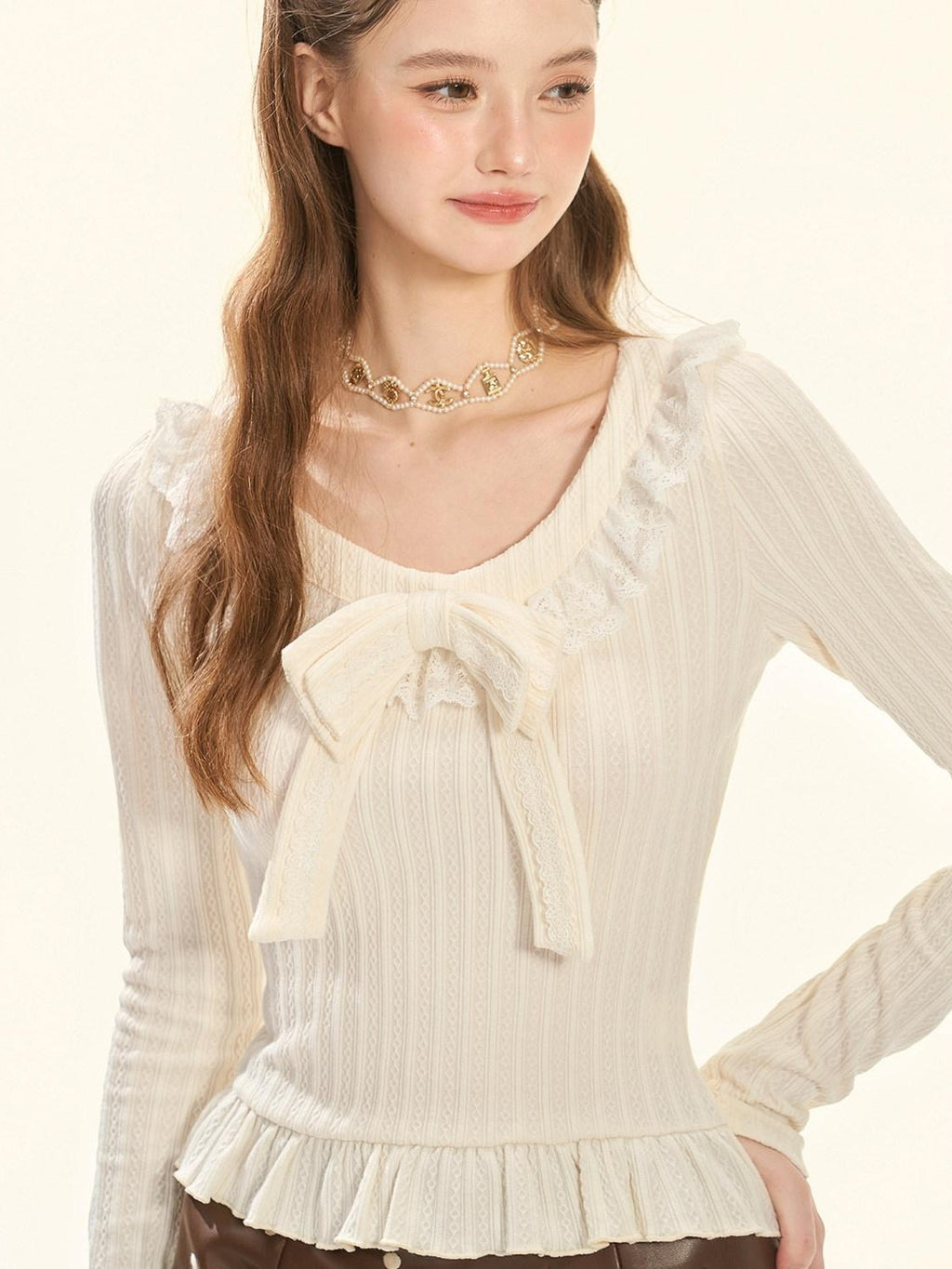 Girly Fancy Club Cream Detachable Bow Ruffle Ribbed Cropped Women's Knitted Long Sleeve T-shirts