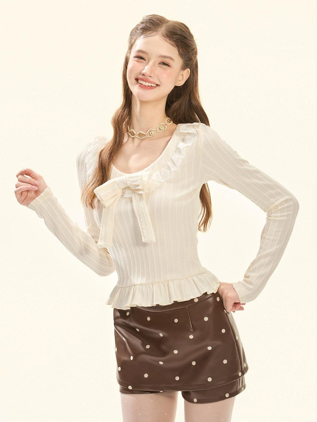 Girly Fancy Club Cream Detachable Bow Ruffle Ribbed Cropped Women's Knitted Long Sleeve T-shirts