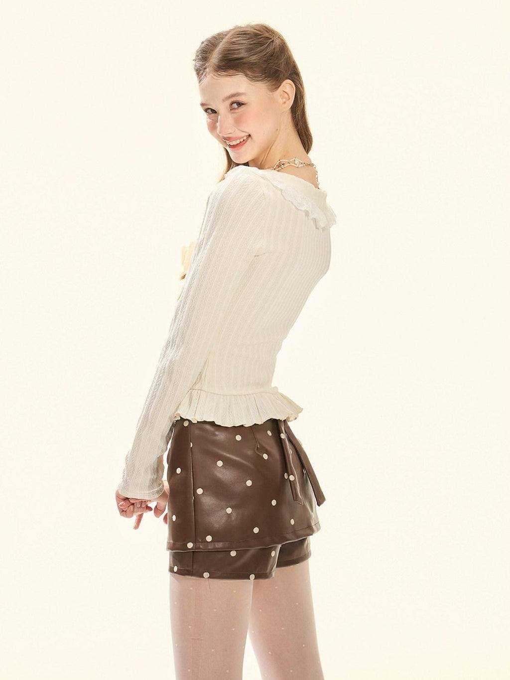 Girly Fancy Club Cream Detachable Bow Ruffle Ribbed Cropped Women's Knitted Long Sleeve T-shirts
