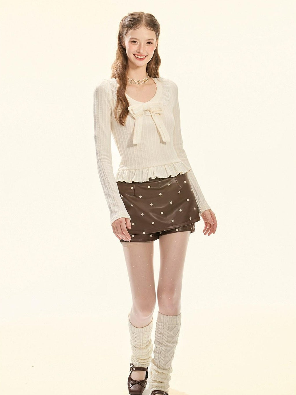 Girly Fancy Club Cream Detachable Bow Ruffle Ribbed Cropped Women's Knitted Long Sleeve T-shirts