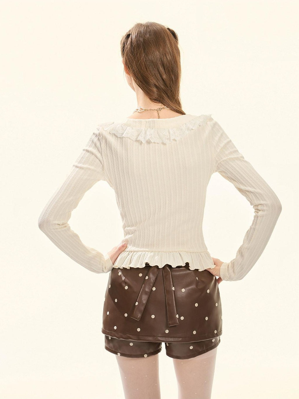 Girly Fancy Club Cream Detachable Bow Ruffle Ribbed Cropped Women's Knitted Long Sleeve T-shirts