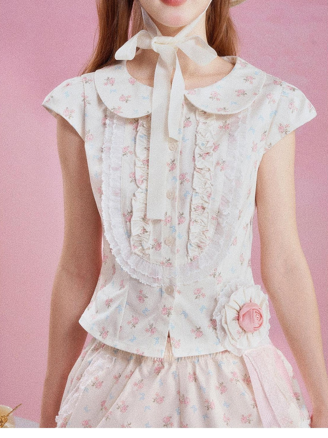 Girly Fancy Club Cream Floral Doll Collar Lace Trim Women's Casual Top & Shorts Sets