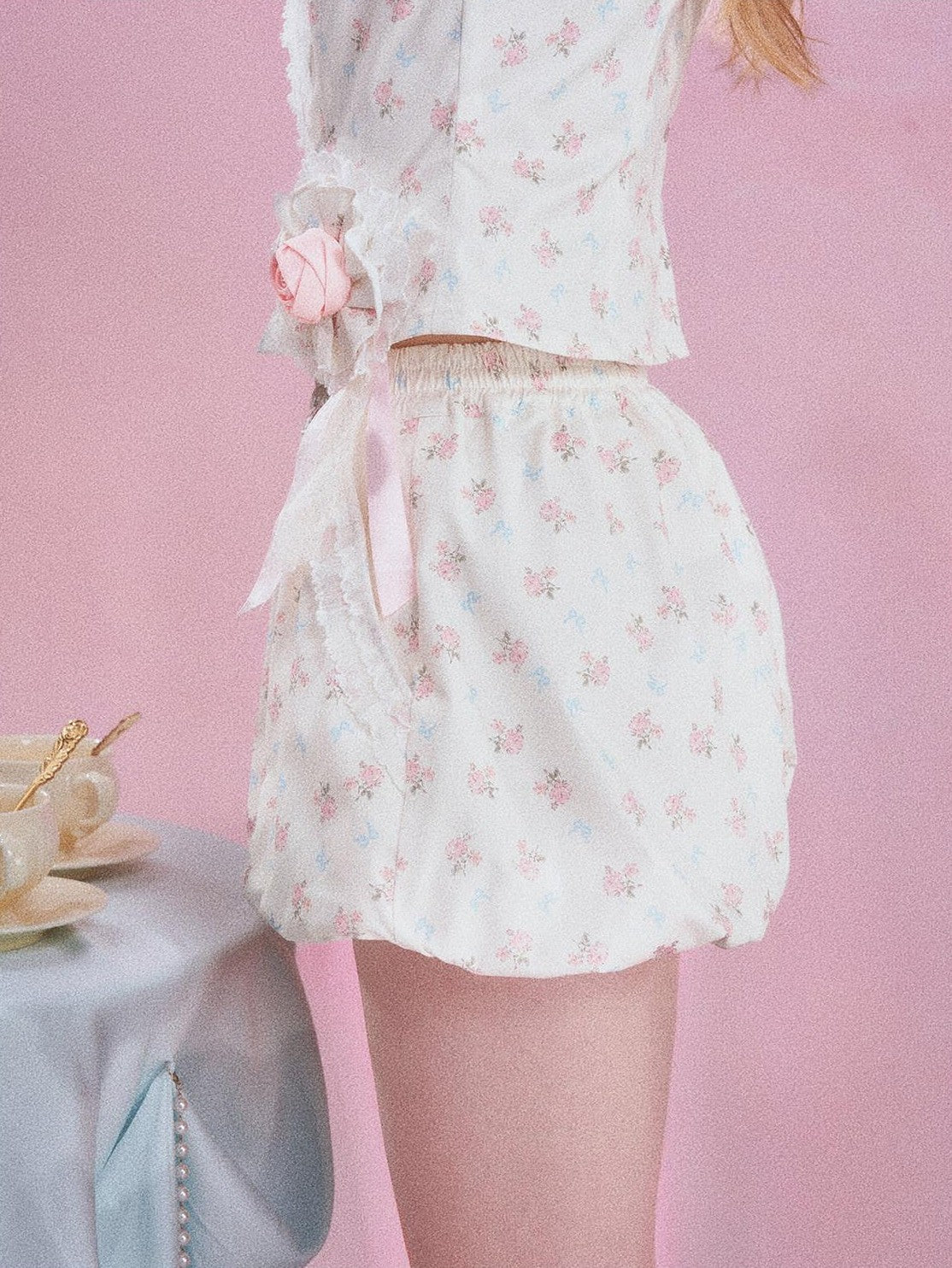 Girly Fancy Club Cream Floral Doll Collar Lace Trim Women's Casual Top & Shorts Sets