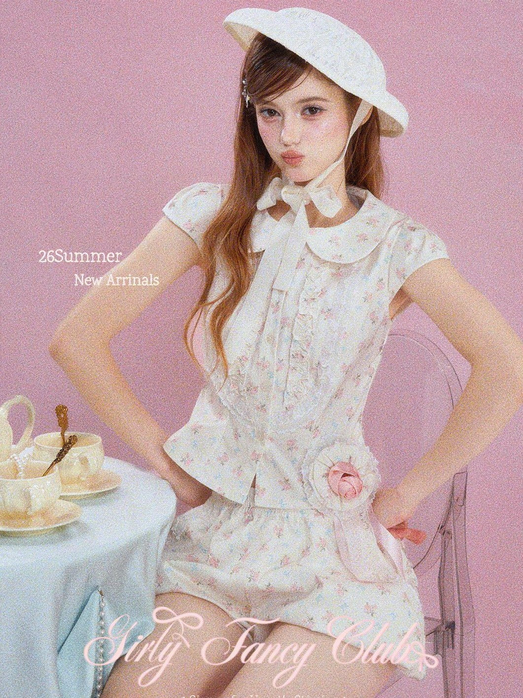 Girly Fancy Club Cream Floral Doll Collar Lace Trim Women's Casual Top & Shorts Sets