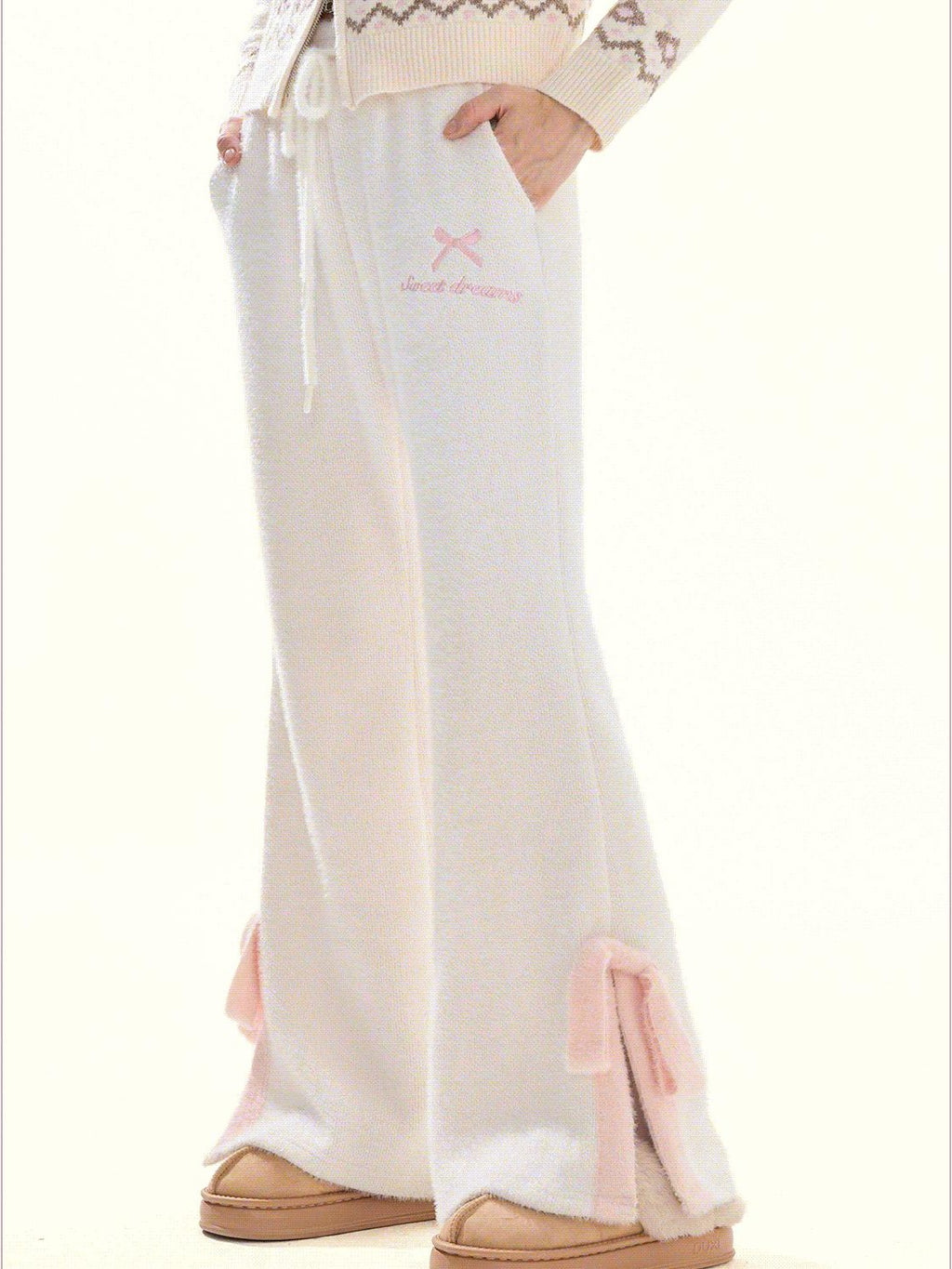 Girly Fancy Club Cream Puff Bow Split Hem Knit Women's Faux Plush Flare Pants