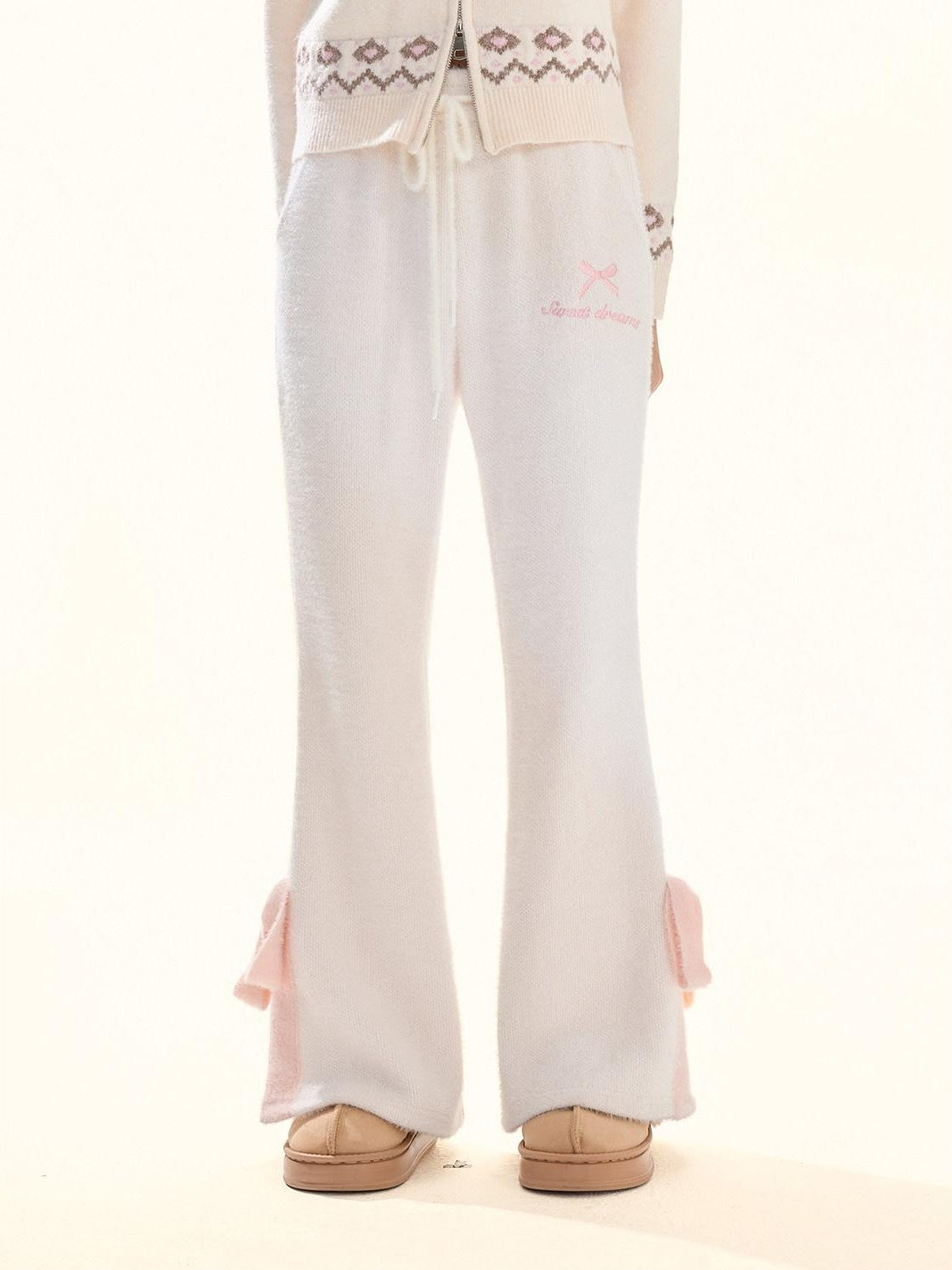 Girly Fancy Club Cream Puff Bow Split Hem Knit Women's Faux Plush Flare Pants