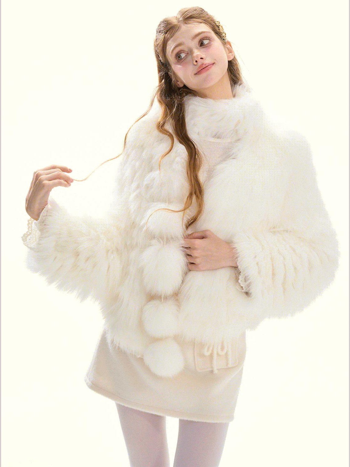 Girly Fancy Club Cream White Detachable Fox Fur Collar Round Neck Women's Fox Fur Faux Fur Coats