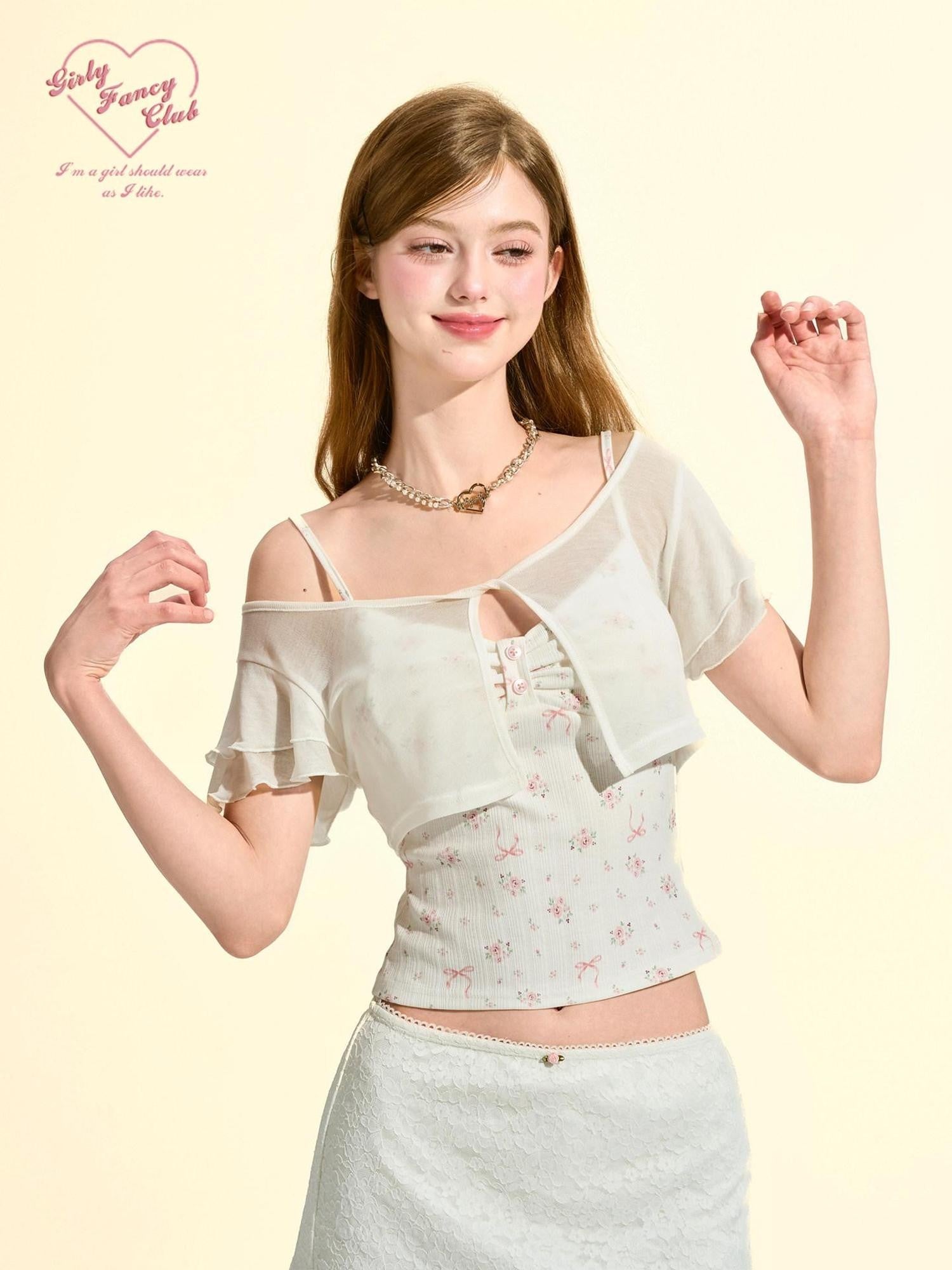 Girly Fancy Club Cream White Knitted Ruffle Sleeves Women's Lyocell Cropped Cardigans