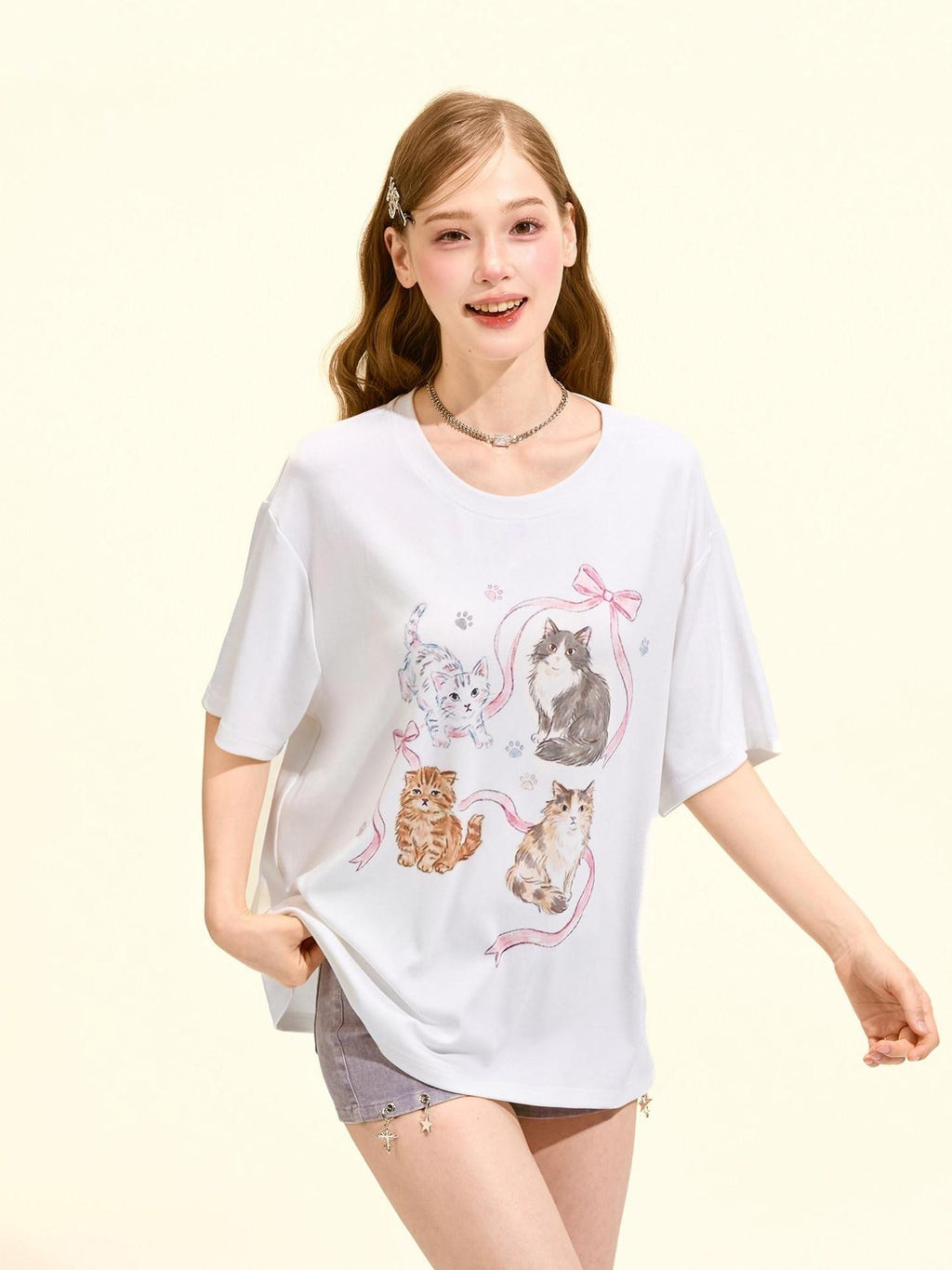 Girly Fancy Club Cute Cat Print Loose Drop Shoulder Women's Cotton Blend Graphic T-shirts