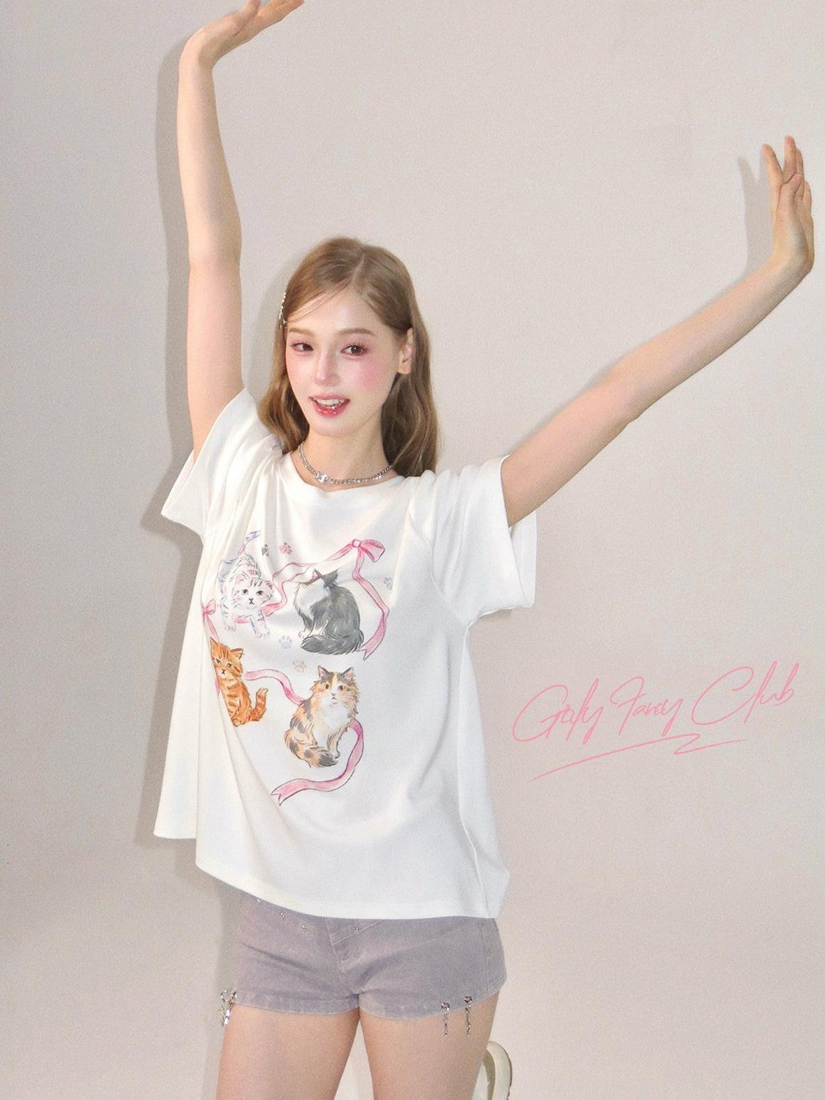 Girly Fancy Club Cute Cat Print Loose Drop Shoulder Women's Cotton Blend Graphic T-shirts