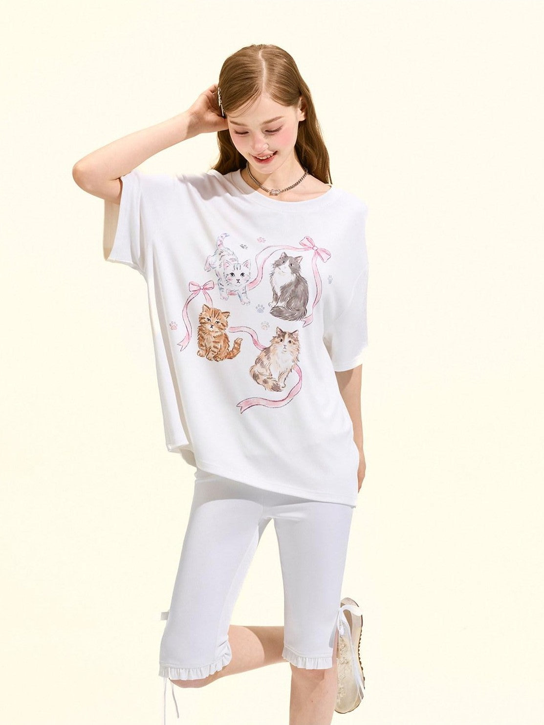 Girly Fancy Club Cute Cat Print Loose Drop Shoulder Women's Cotton Blend Graphic T-shirts