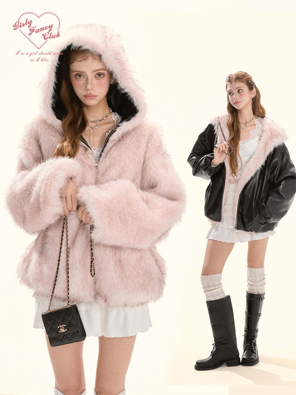 Girly Fancy Club Cute Edgy Reversible Hooded Women's Faux Fur Suede Pu Leather Jackets