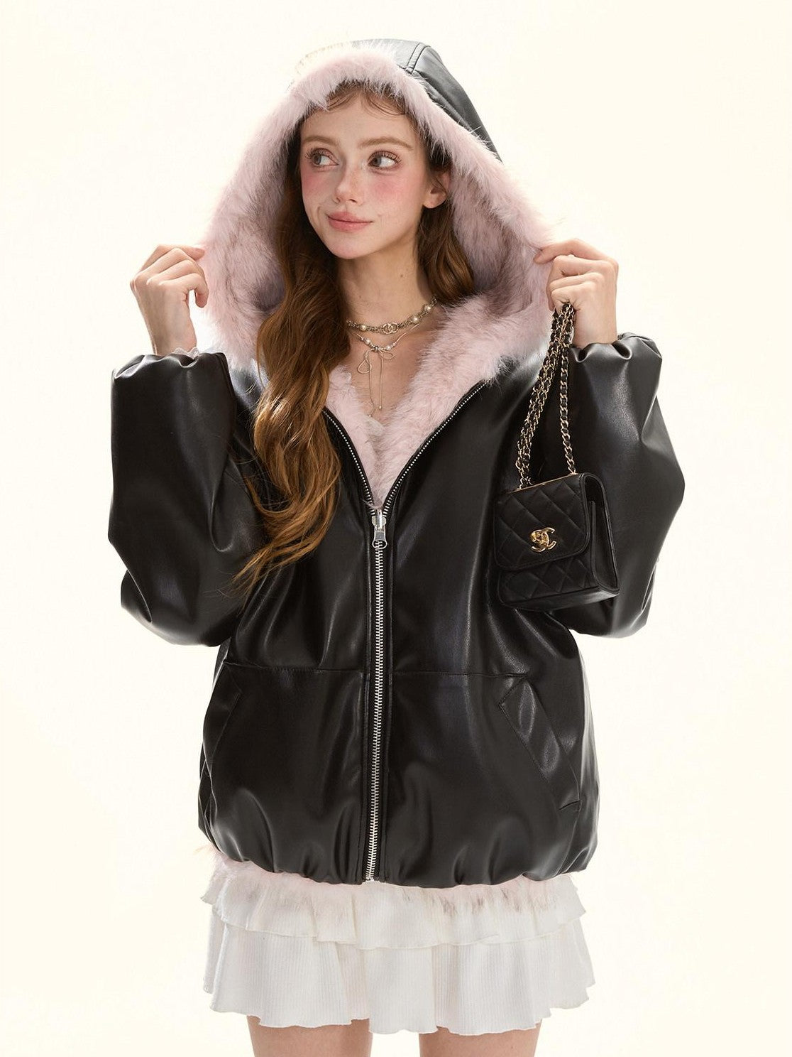 Girly Fancy Club Cute Edgy Reversible Hooded Women's Faux Fur Suede Pu Leather Jackets