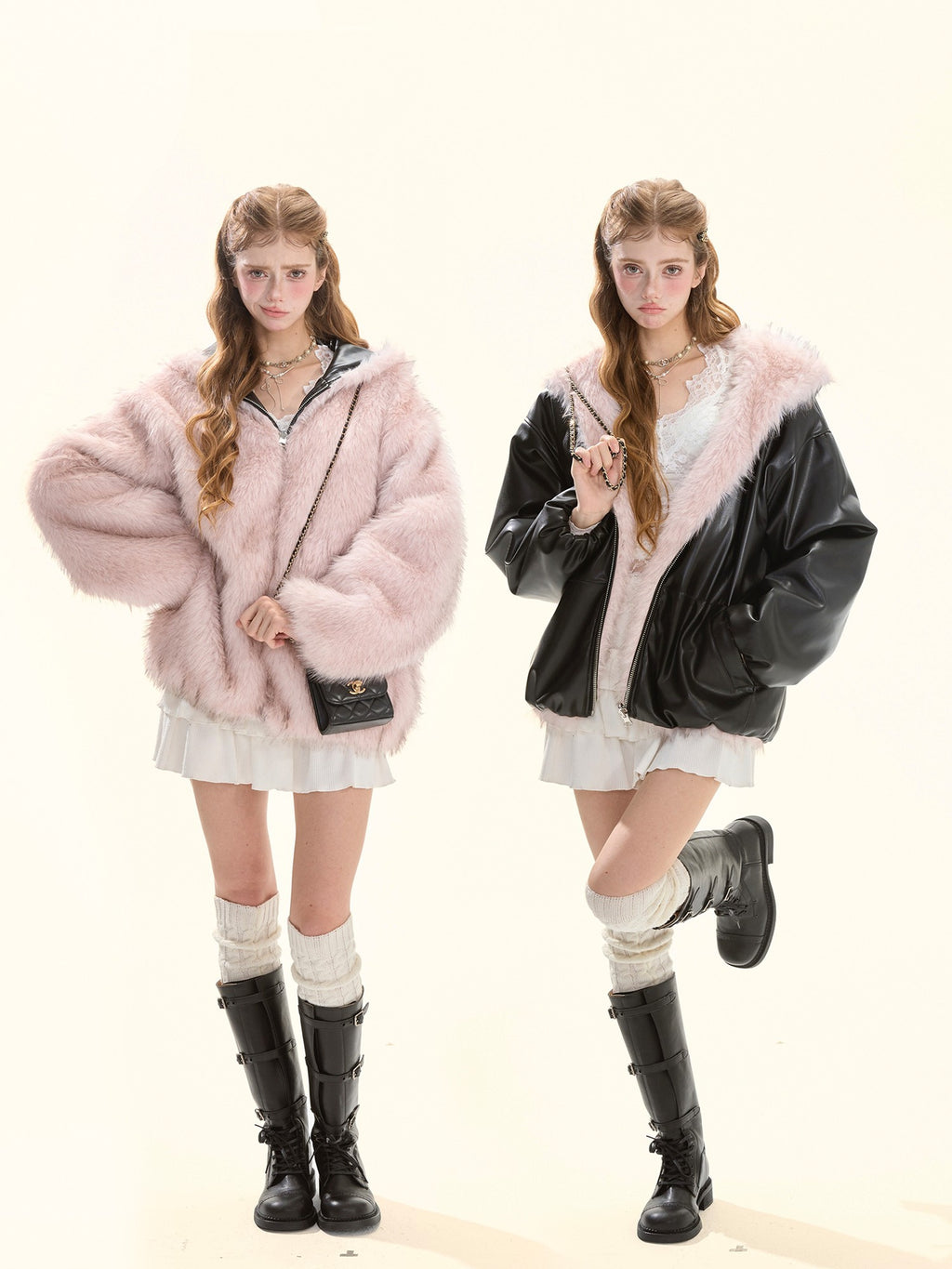Girly Fancy Club Cute Edgy Reversible Hooded Women's Faux Fur Suede Pu Leather Jackets