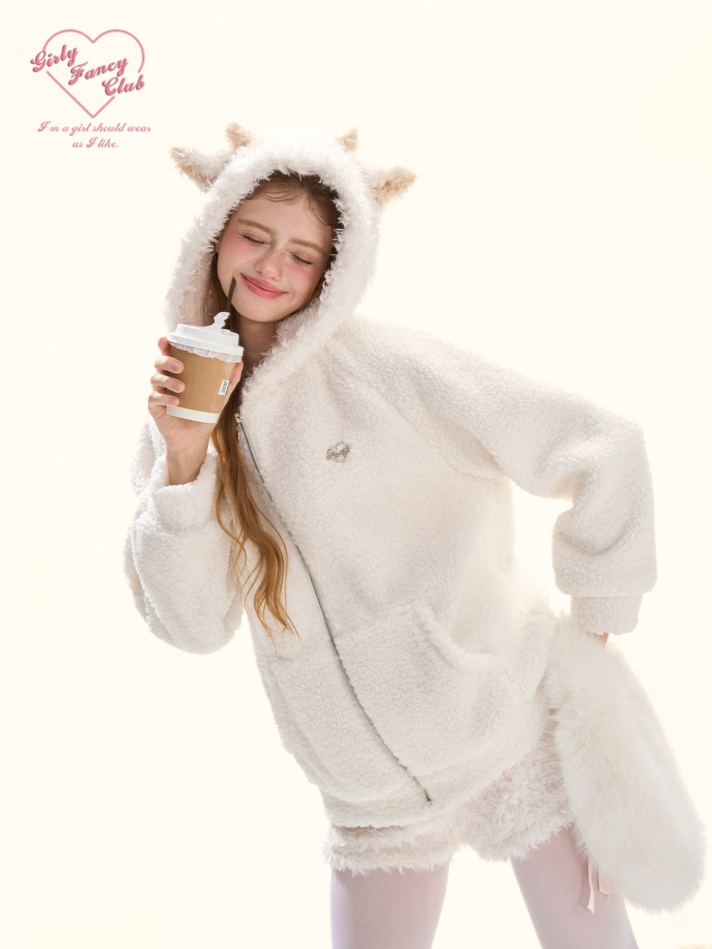 Girly Fancy Club Cute Lamb Embroidered Patchwork Women's Polyester Fleece Zip-up Hoodies