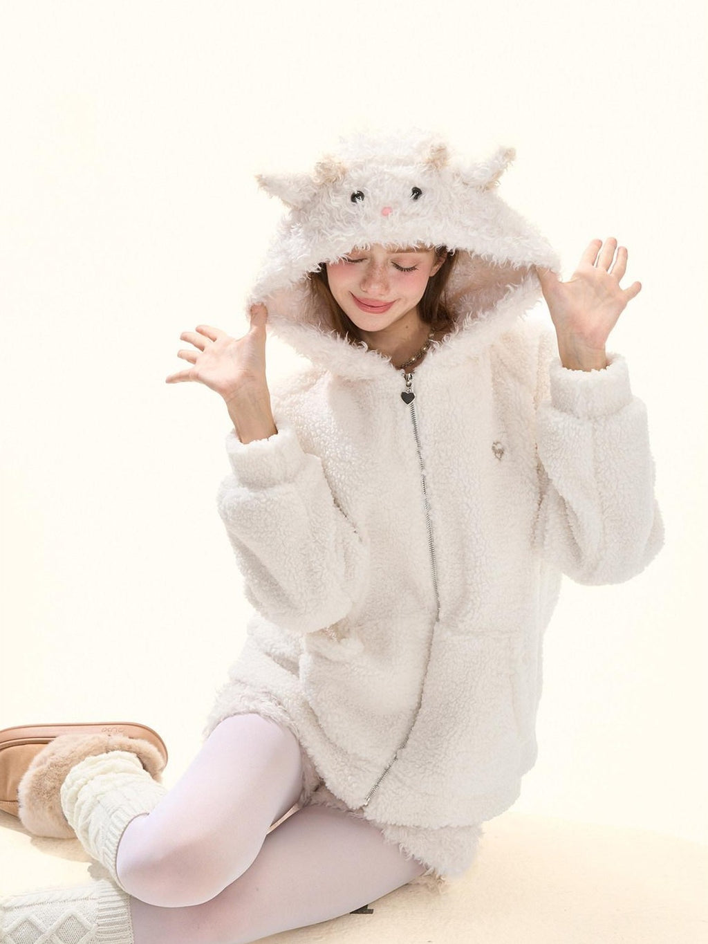 Girly Fancy Club Cute Lamb Embroidered Patchwork Women's Polyester Fleece Zip-up Hoodies