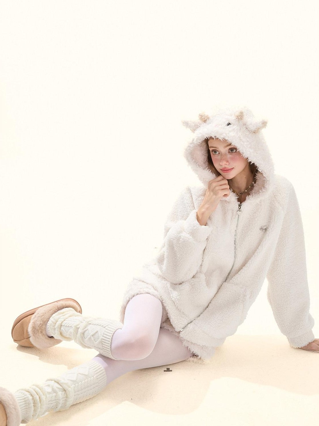 Girly Fancy Club Cute Lamb Embroidered Patchwork Women's Polyester Fleece Zip-up Hoodies