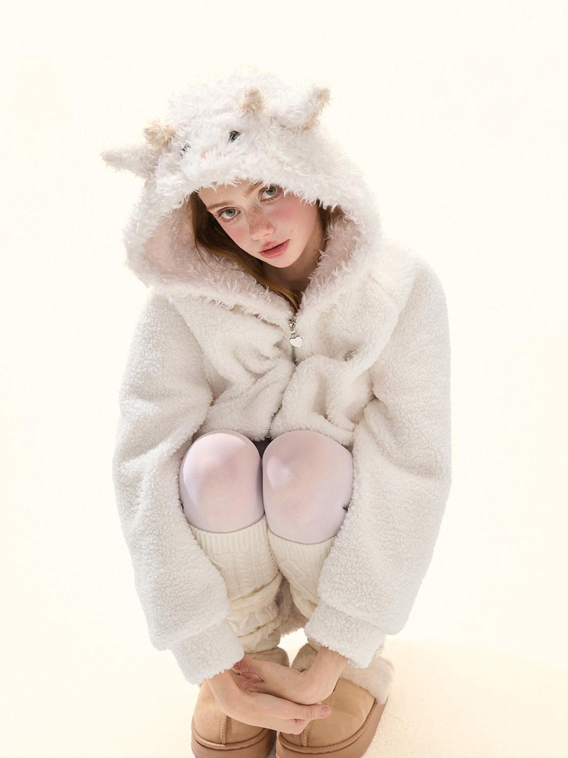Girly Fancy Club Cute Lamb Embroidered Patchwork Women's Polyester Fleece Zip-up Hoodies