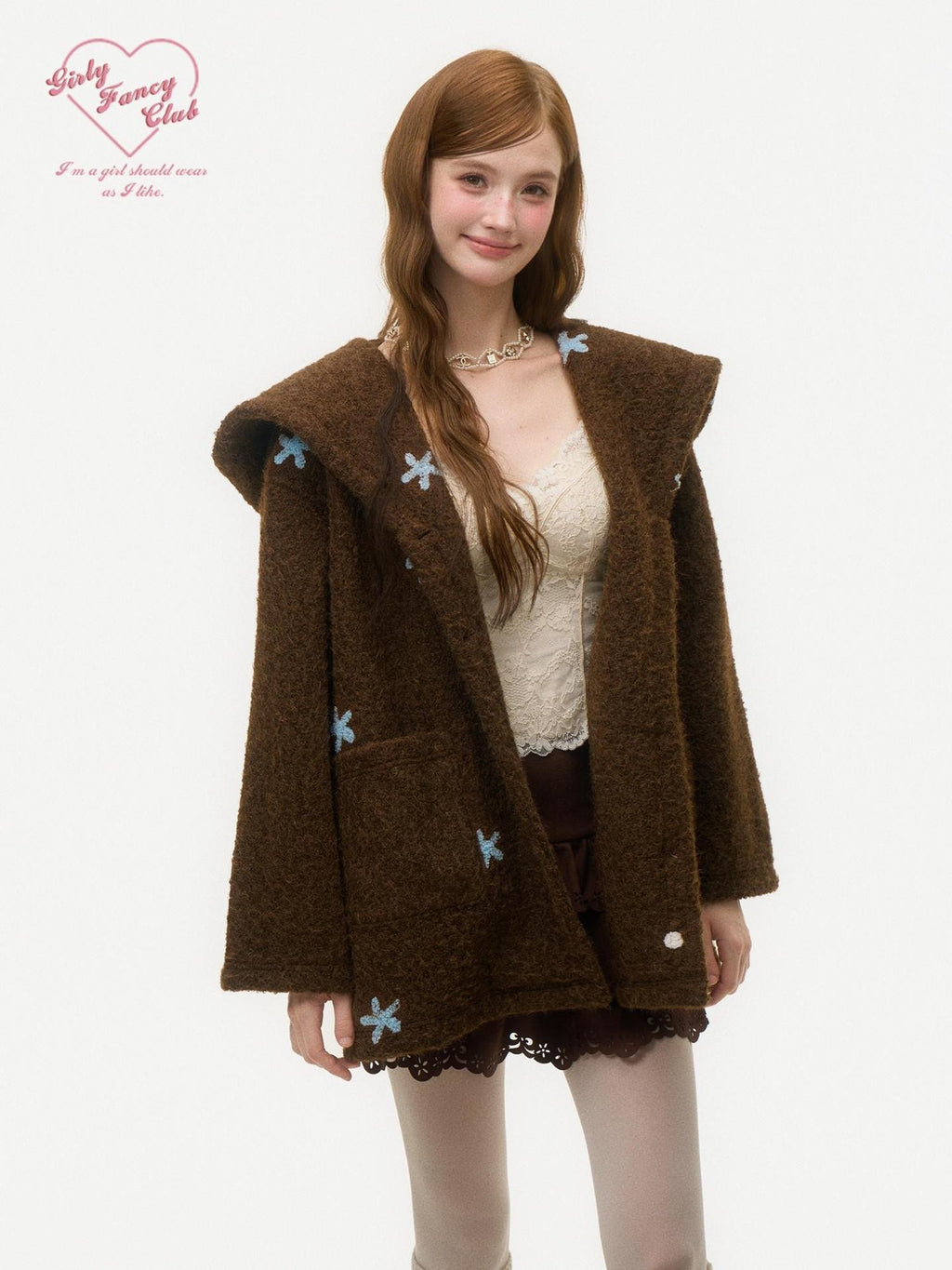 Girly Fancy Club Dark Chestnut 3d Embroidered Hooded Long Sleeve Women's Wool Coats