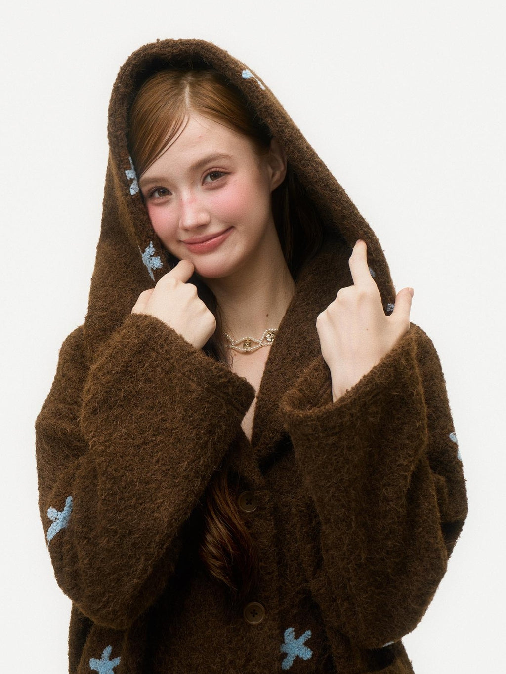 Girly Fancy Club Dark Chestnut 3d Embroidered Hooded Long Sleeve Women's Wool Coats