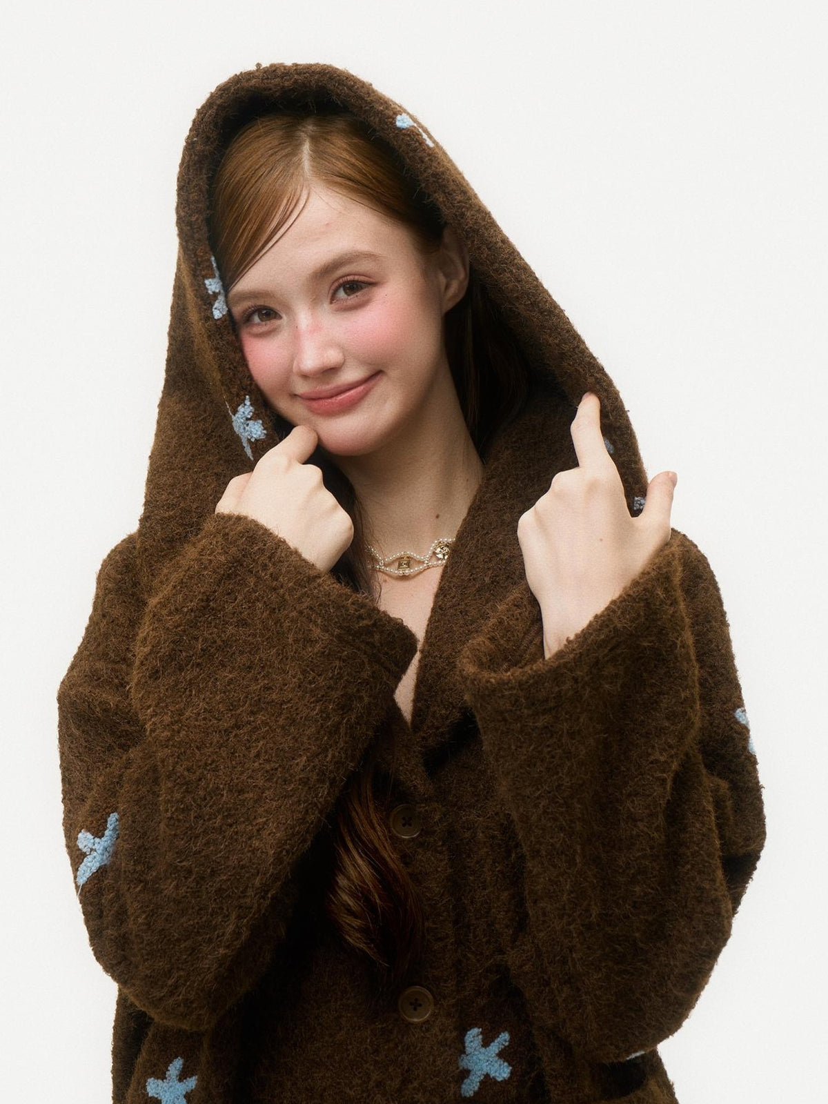 Girly Fancy Club Dark Chestnut 3d Embroidered Hooded Long Sleeve Women's Wool Coats