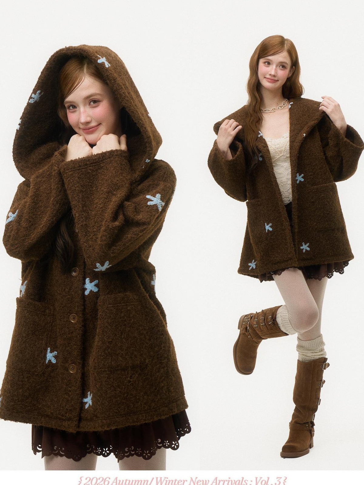 Girly Fancy Club Dark Chestnut 3d Embroidered Hooded Long Sleeve Women's Wool Coats