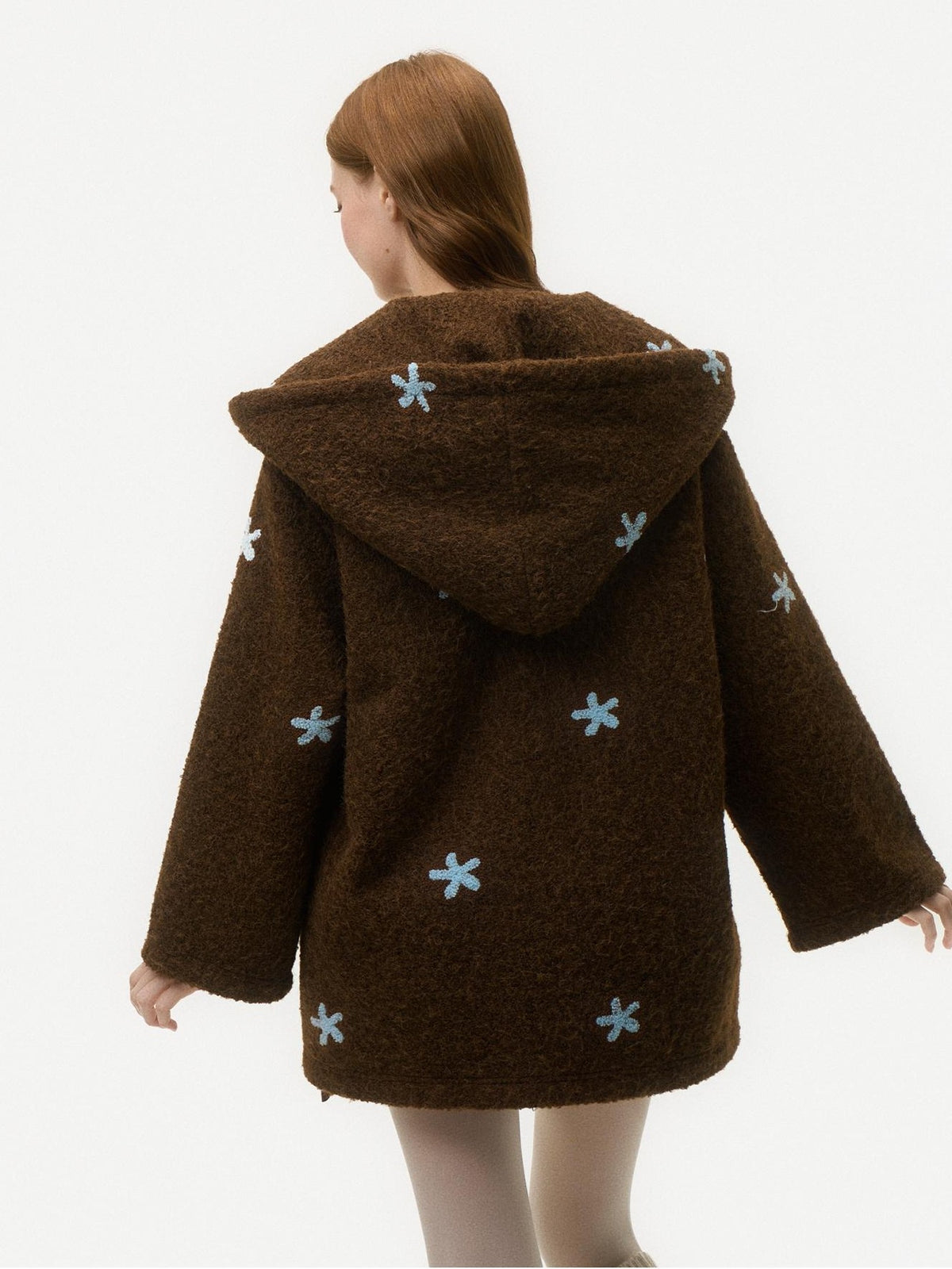 Girly Fancy Club Dark Chestnut 3d Embroidered Hooded Long Sleeve Women's Wool Coats