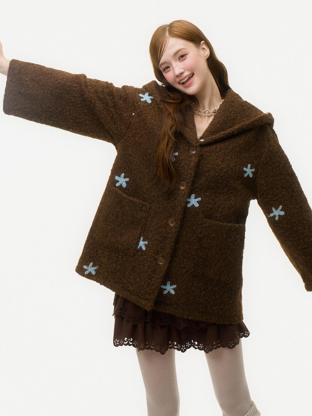 Girly Fancy Club Dark Chestnut 3d Embroidered Hooded Long Sleeve Women's Wool Coats