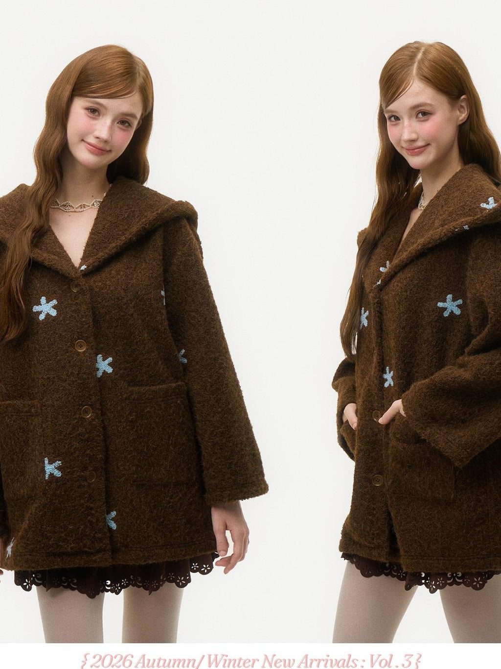Girly Fancy Club Dark Chestnut 3d Embroidered Hooded Long Sleeve Women's Wool Coats