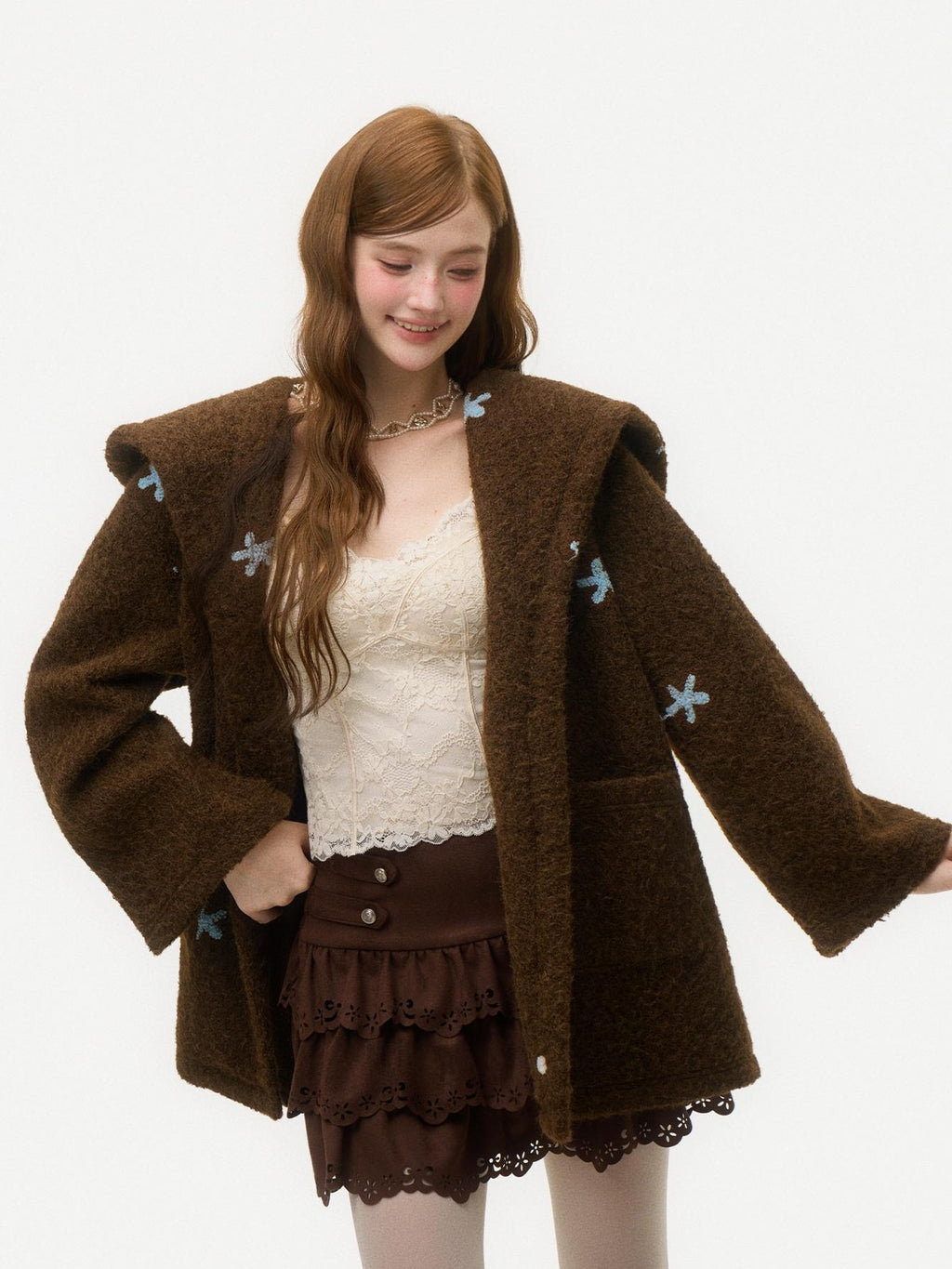 Girly Fancy Club Dark Chestnut 3d Embroidered Hooded Long Sleeve Women's Wool Coats