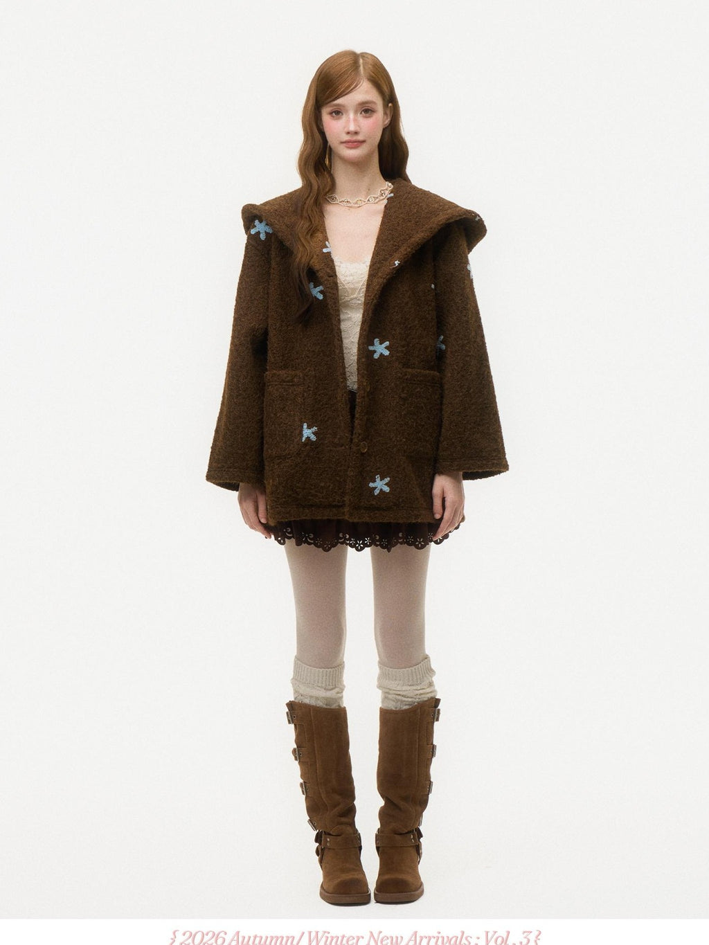 Girly Fancy Club Dark Chestnut 3d Embroidered Hooded Long Sleeve Women's Wool Coats