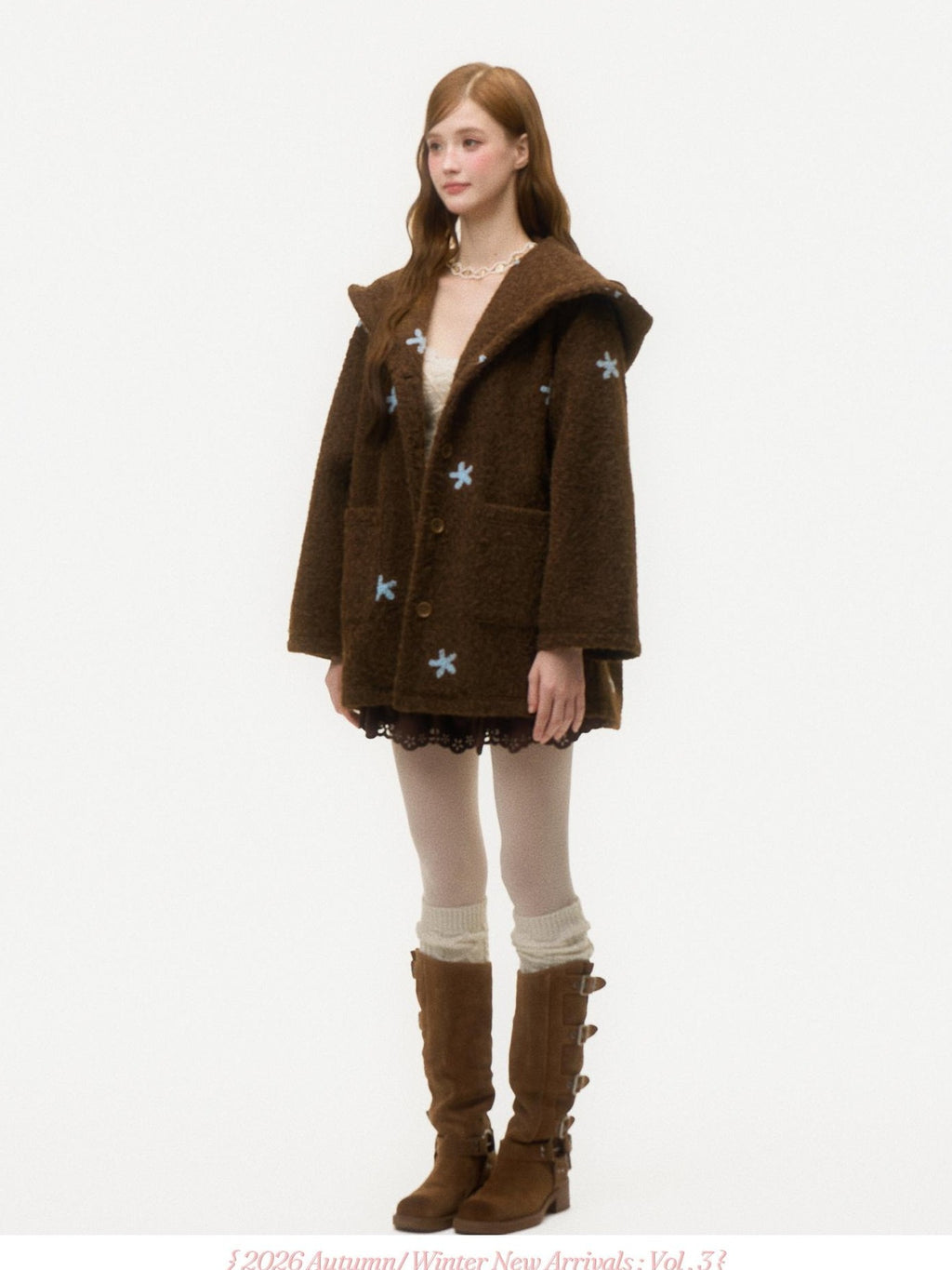Girly Fancy Club Dark Chestnut 3d Embroidered Hooded Long Sleeve Women's Wool Coats