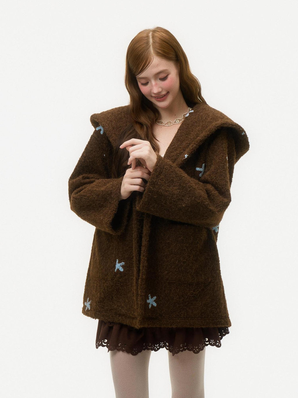 Girly Fancy Club Dark Chestnut 3d Embroidered Hooded Long Sleeve Women's Wool Coats