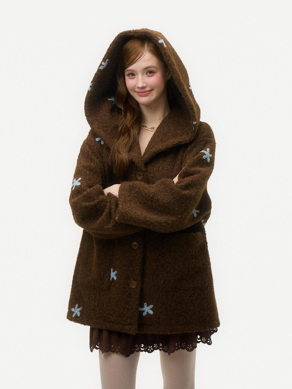 Girly Fancy Club Dark Chestnut 3d Embroidered Hooded Long Sleeve Women's Wool Coats