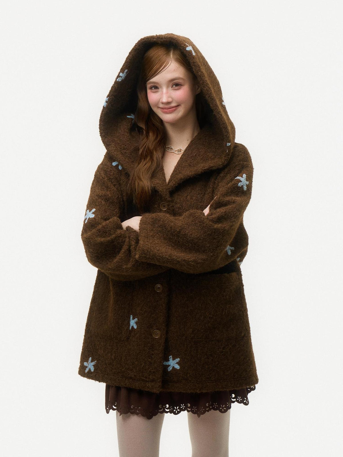Girly Fancy Club Dark Chestnut 3d Embroidered Hooded Long Sleeve Women's Wool Coats