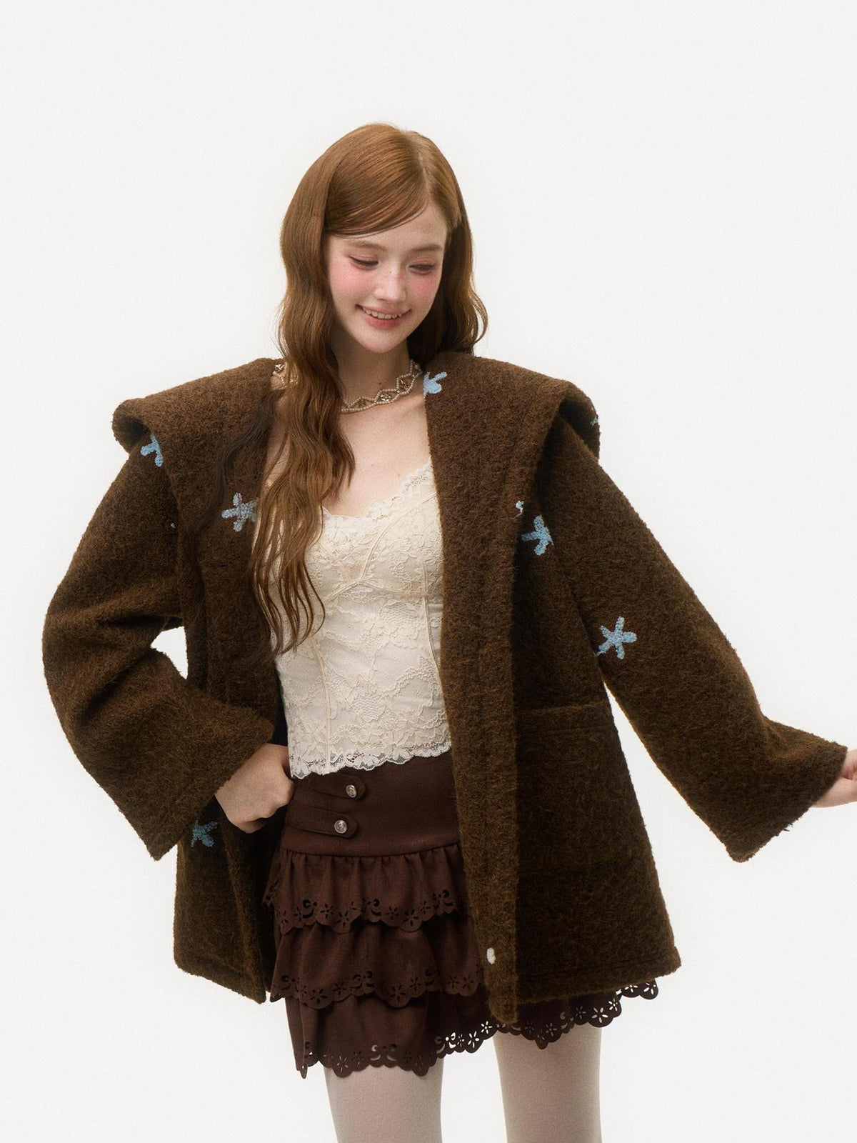 Girly Fancy Club Dark Chestnut 3d Embroidered Hooded Long Sleeve Women's Wool Coats