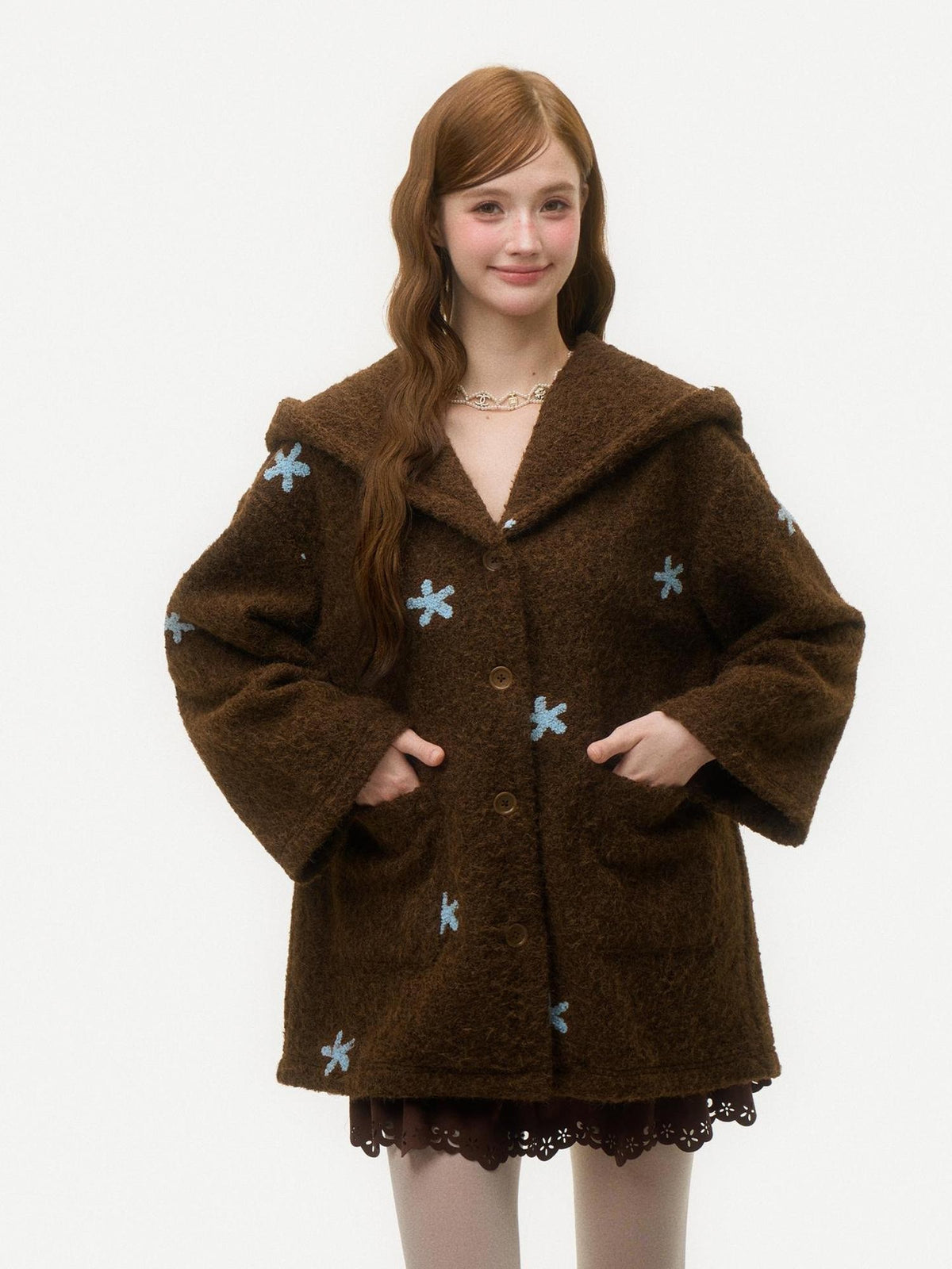 Girly Fancy Club Dark Chestnut 3d Embroidered Hooded Long Sleeve Women's Wool Coats